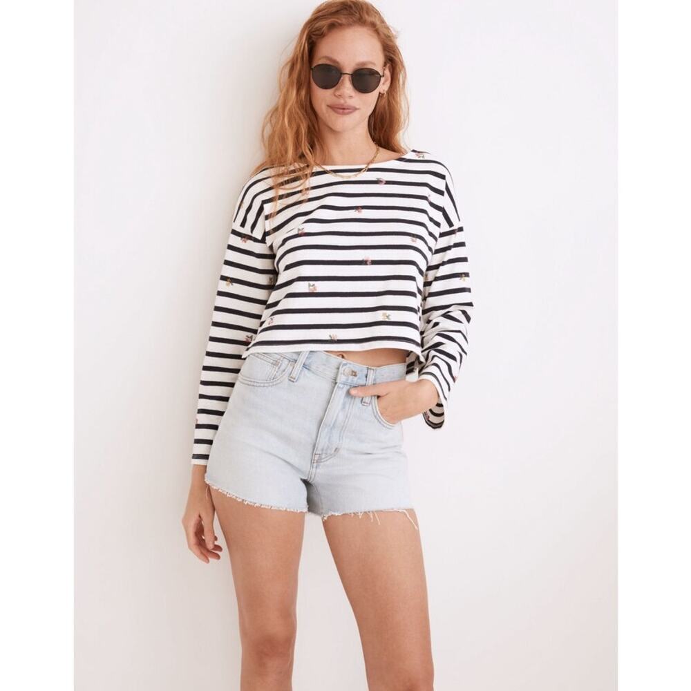 Striped Organic Cotton Madewell Cropped Top Cross Stitch Florals XS